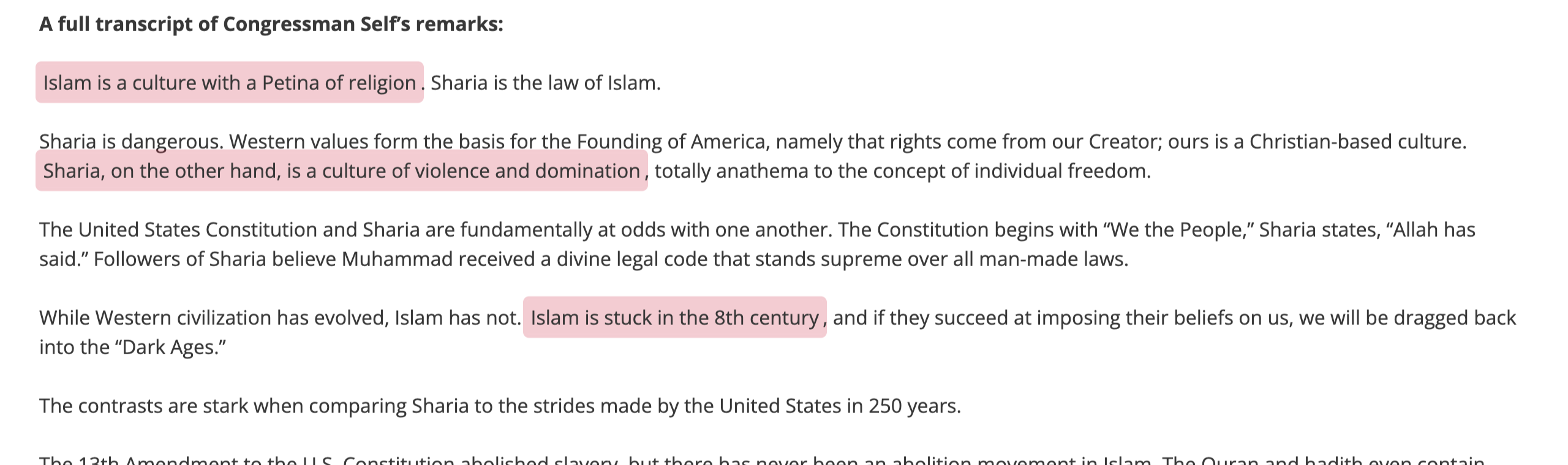 Screenshot of the transcript of Keith Self's November 19, 2025 floor speech on his House website, with four sentences highlighted